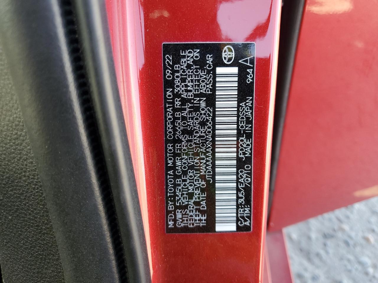 2022 Toyota Mirai Le VIN: JTDAAAAAXNA006422 Lot: 70203005