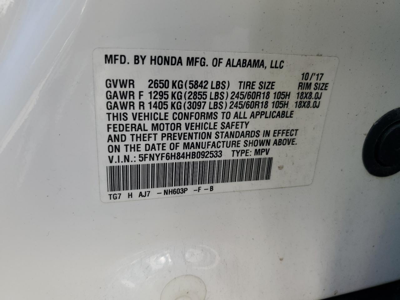 2017 Honda Pilot Exl VIN: 5FNYF6H84HB092533 Lot: 68131025