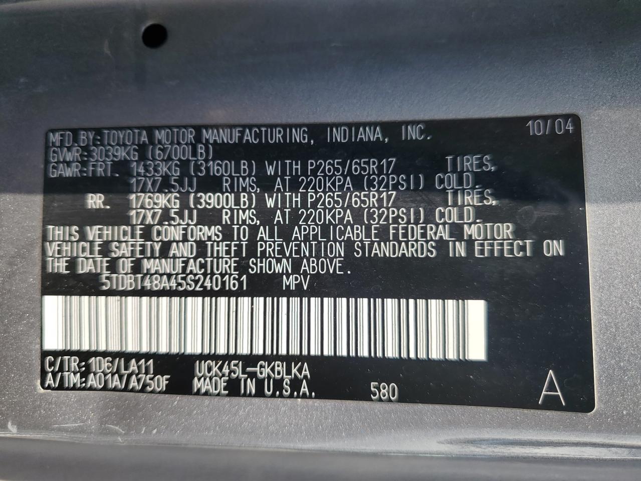 2005 Toyota Sequoia Limited VIN: 5TDBT48A45S240161 Lot: 68514195