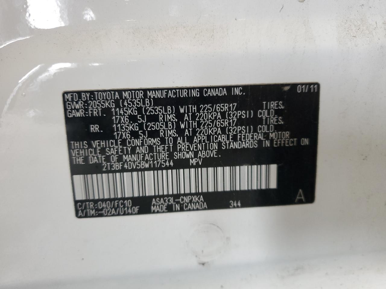 2011 Toyota Rav4 VIN: 2T3BF4DV5BW117544 Lot: 70142295