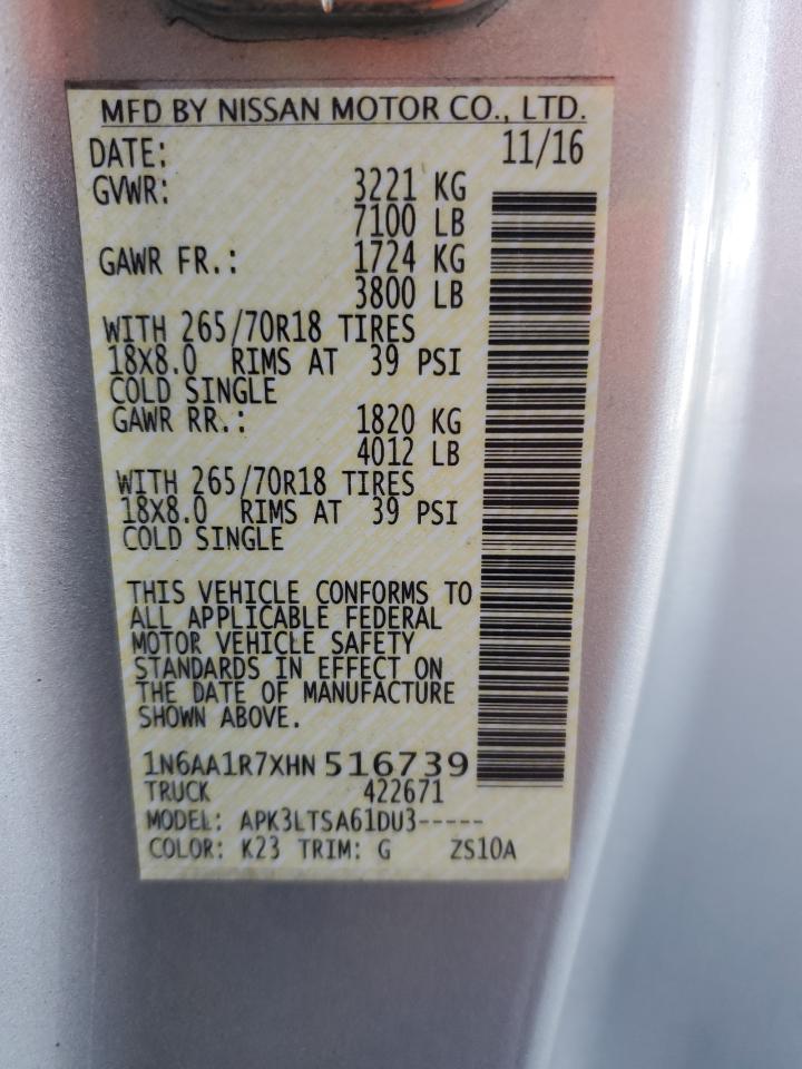 2017 Nissan Titan S VIN: 1N6AA1R7XHN516739 Lot: 69604215