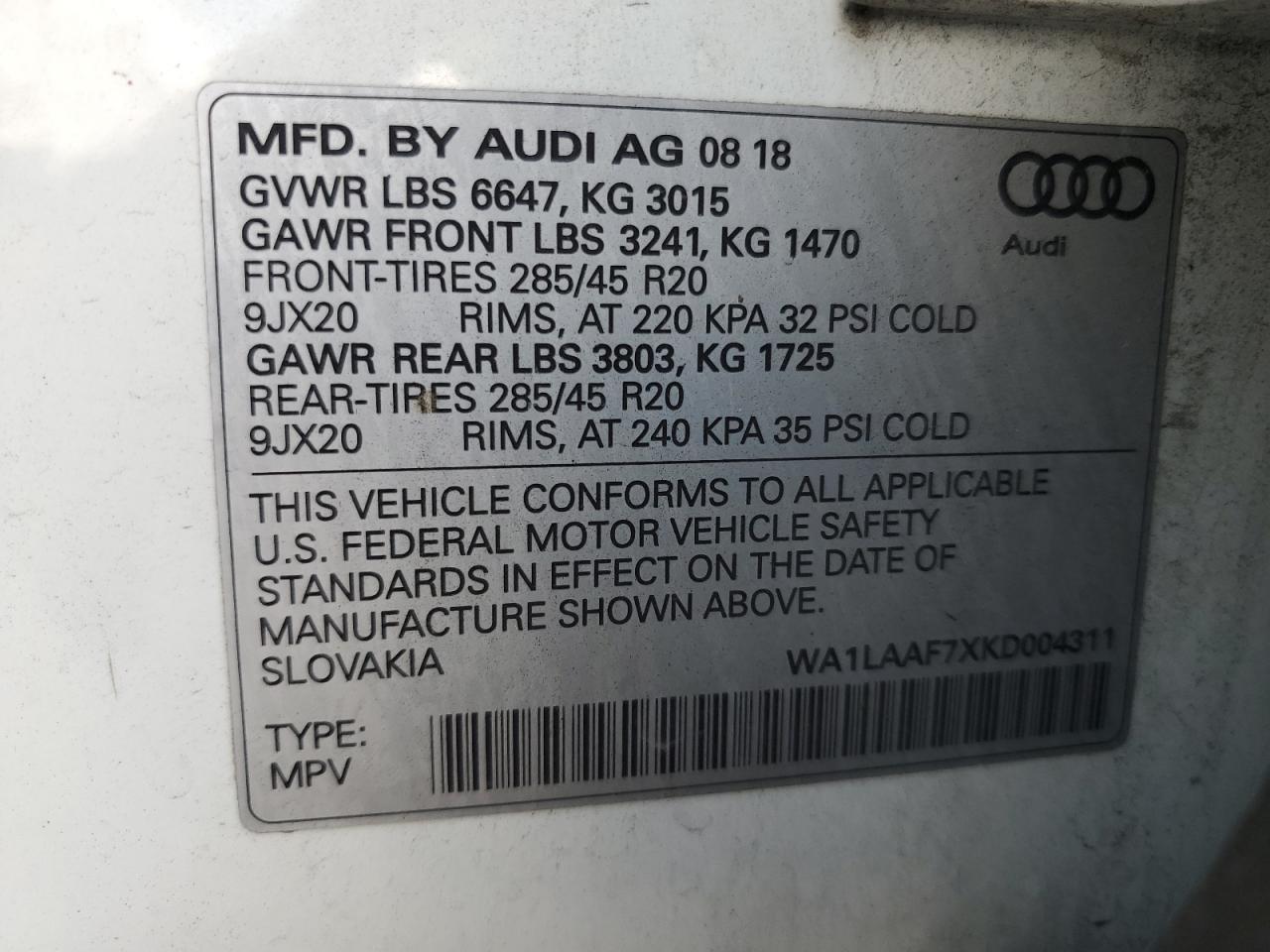 2019 Audi Q7 Premium Plus VIN: WA1LAAF7XKD004311 Lot: 69794555