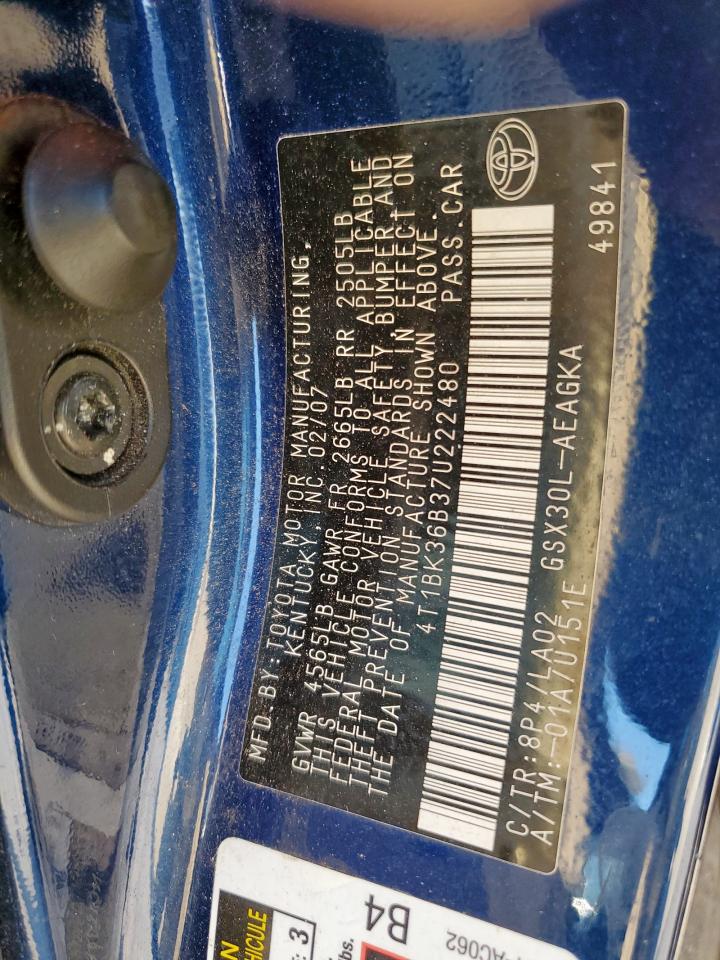 2007 Toyota Avalon Xl VIN: 4T1BK36B37U222480 Lot: 70833605