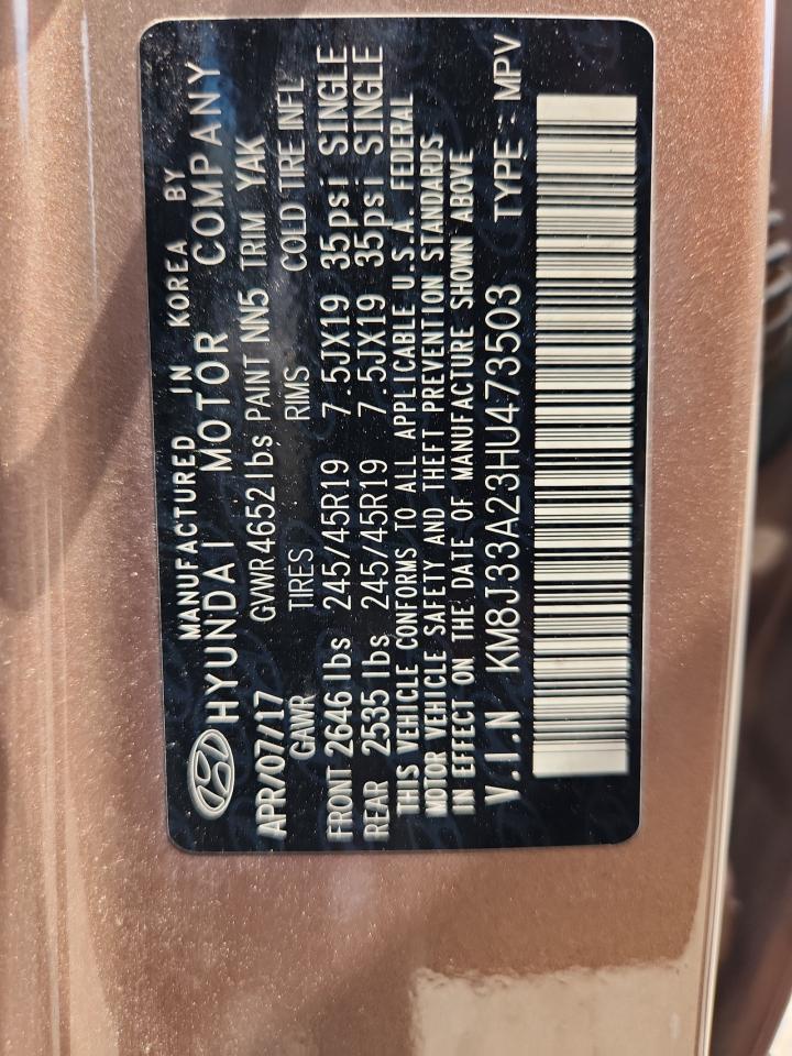 2017 Hyundai Tucson Limited VIN: KM8J33A23HU473503 Lot: 70857915