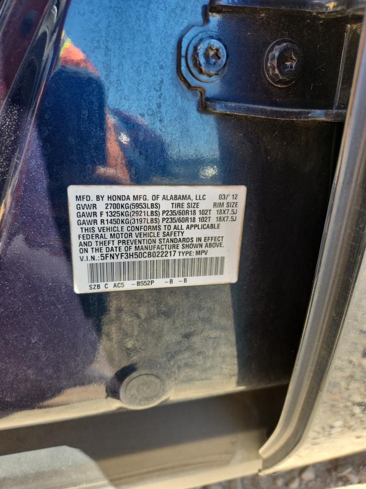 2012 Honda Pilot Exl VIN: 5FNYF3H50CB022217 Lot: 67651025