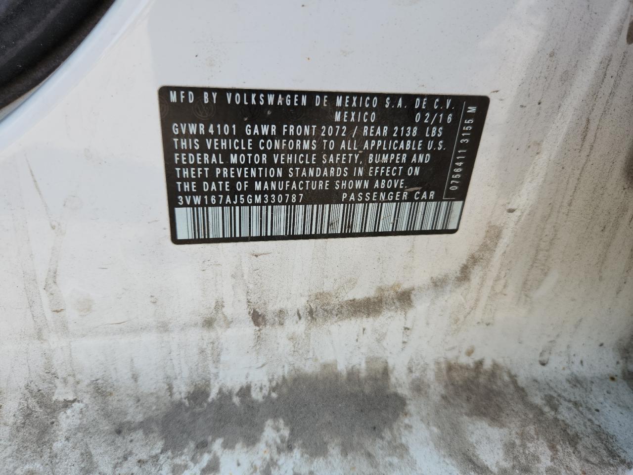 2016 Volkswagen Jetta S VIN: 3VW167AJ5GM330787 Lot: 68163005