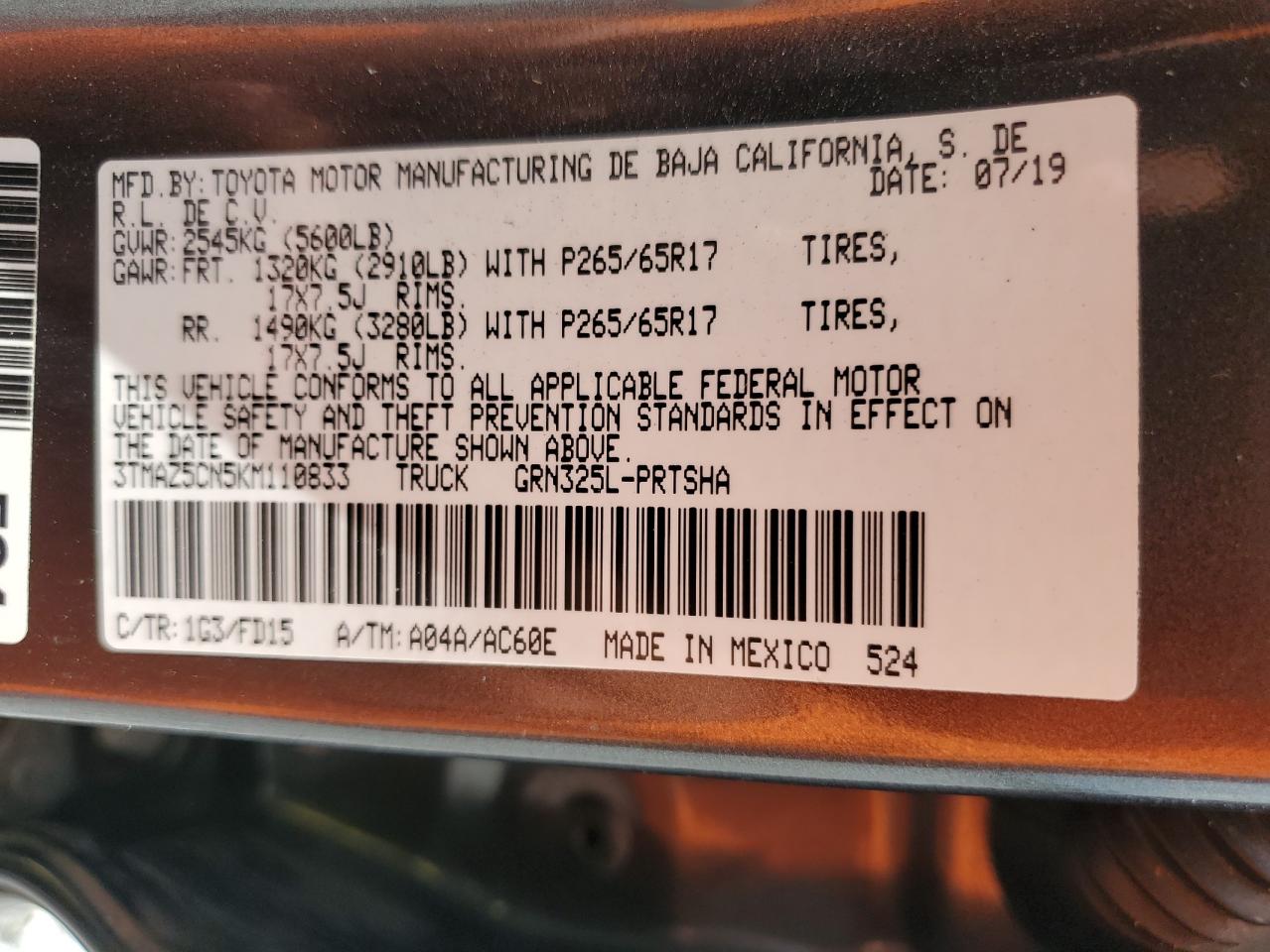 3TMAZ5CN5KM110833 2019 Toyota Tacoma Double Cab