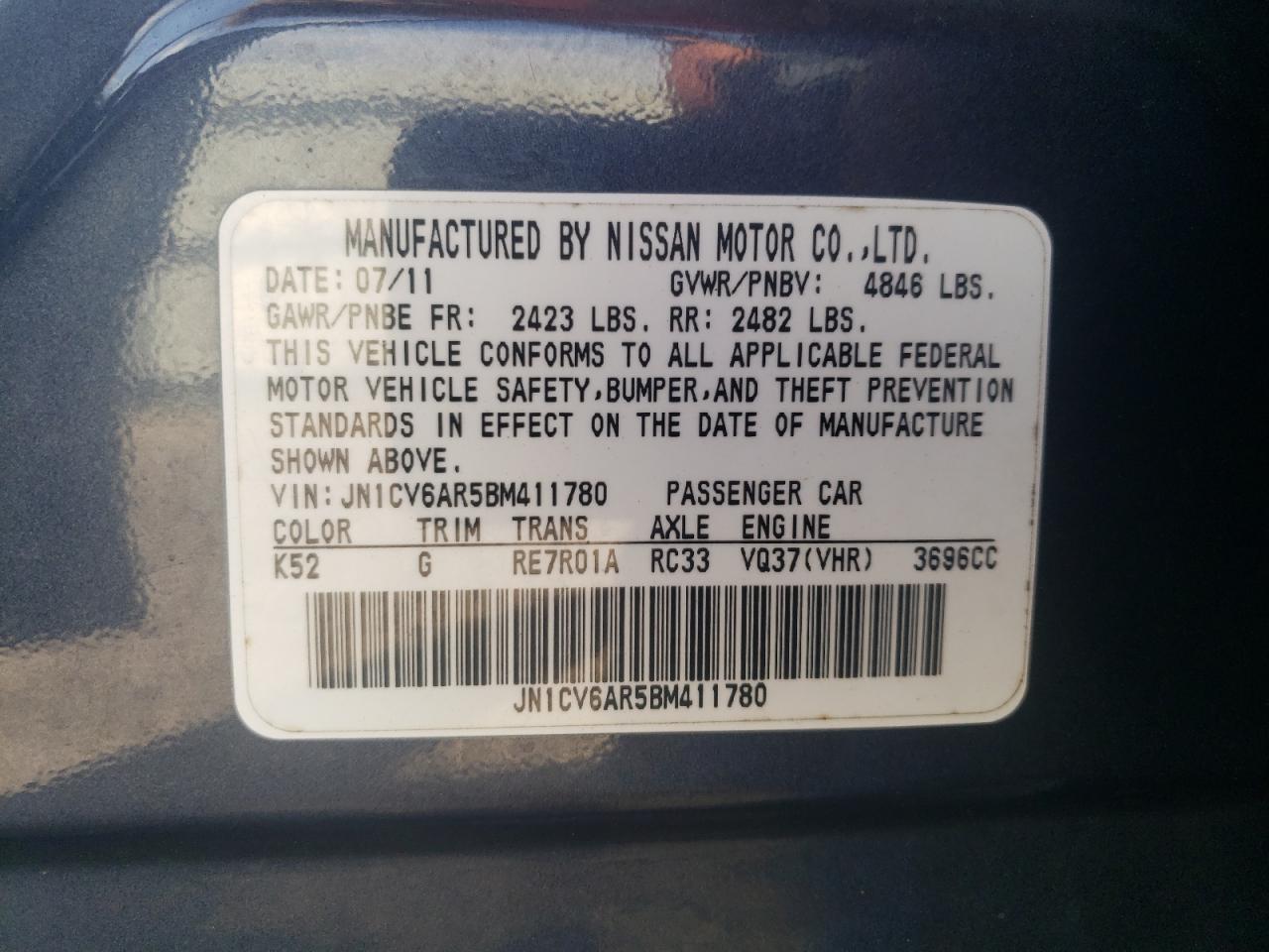 2011 Infiniti G37 VIN: JN1CV6AR5BM411780 Lot: 69821405