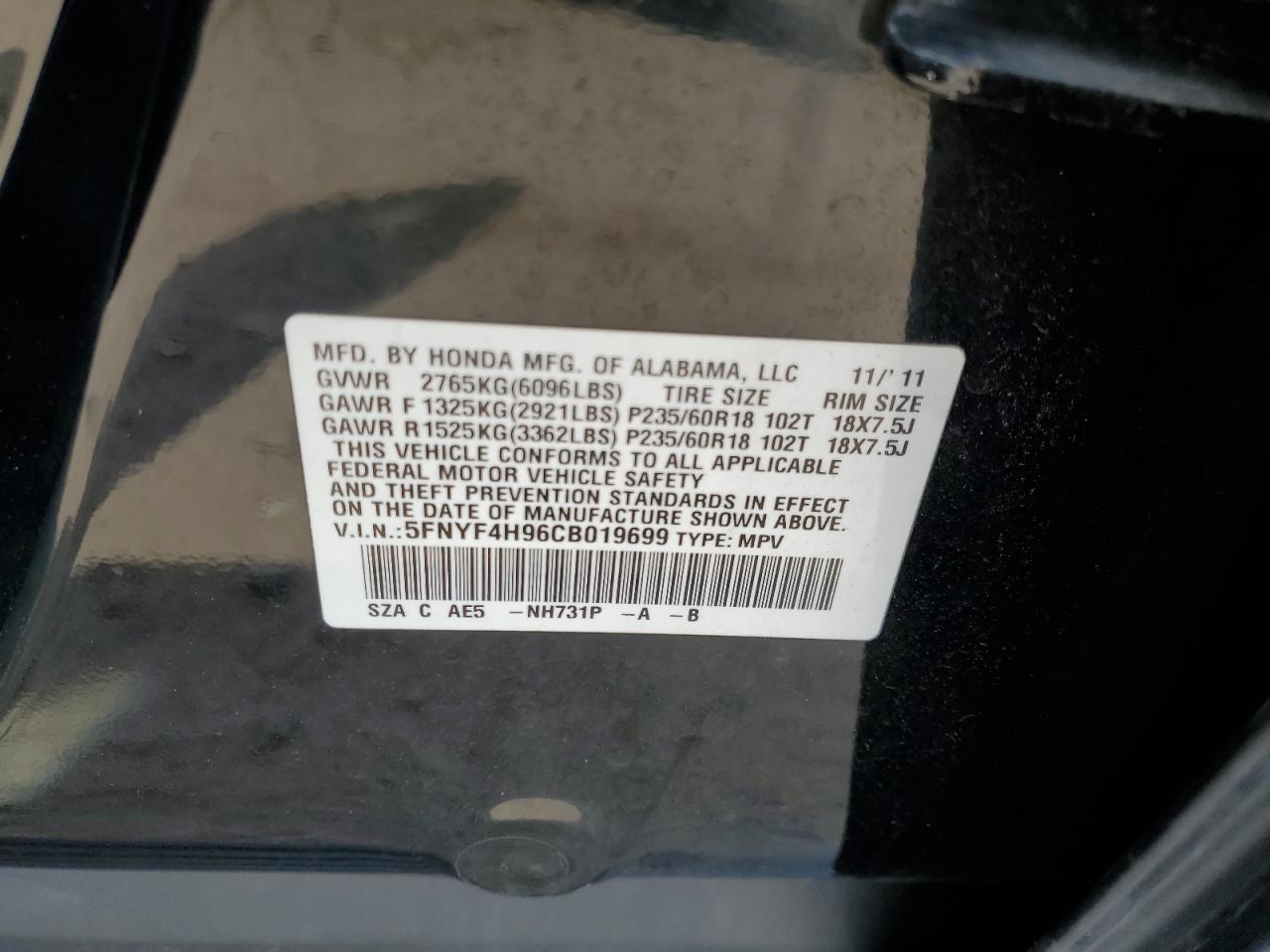 2012 Honda Pilot Touring VIN: 5FNYF4H96CB019699 Lot: 70732935