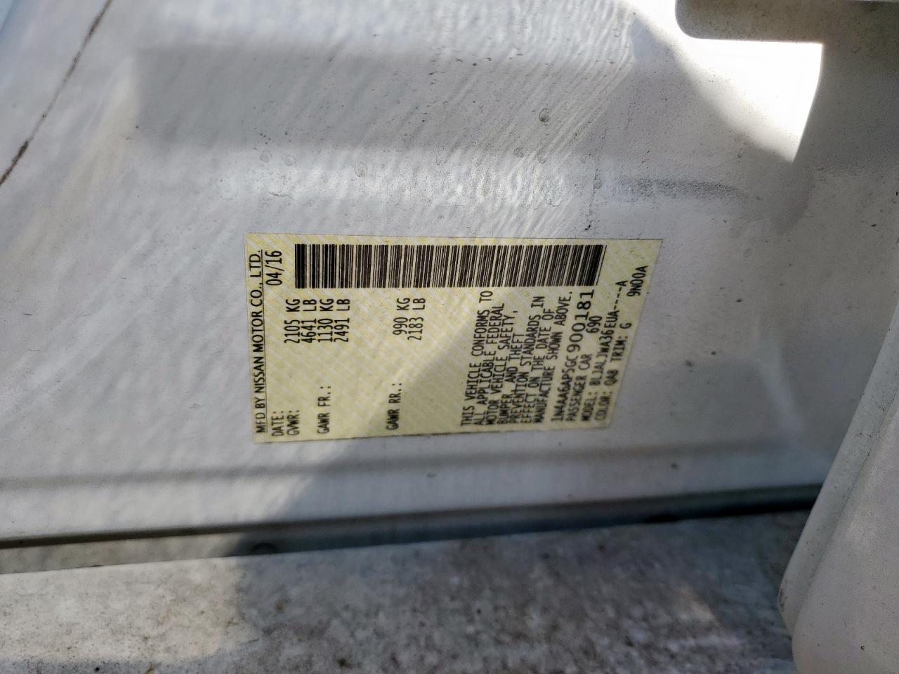 2016 Nissan Maxima 3.5S VIN: 1N4AA6AP5GC900181 Lot: 69098205