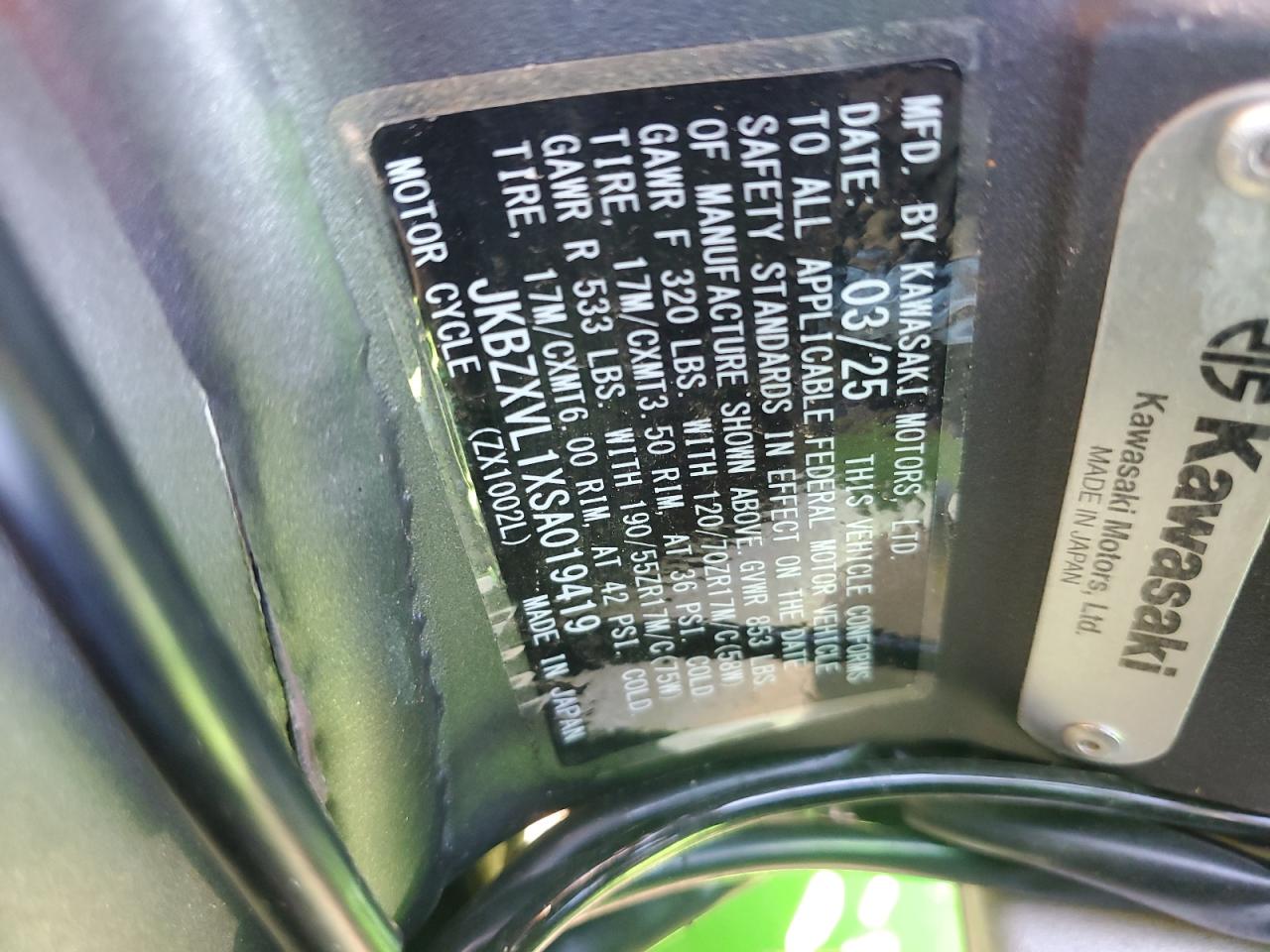 2025 Kawasaki Zx1002 L VIN: JKBZXVL1XSA019419 Lot: 69690065