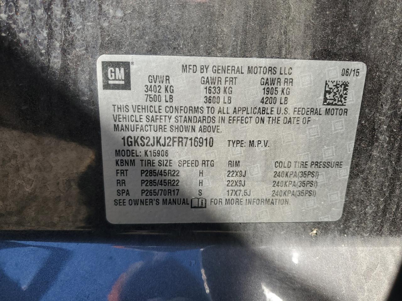 2015 GMC Yukon Xl Denali VIN: 1GKS2JKJ2FR716910 Lot: 70443295