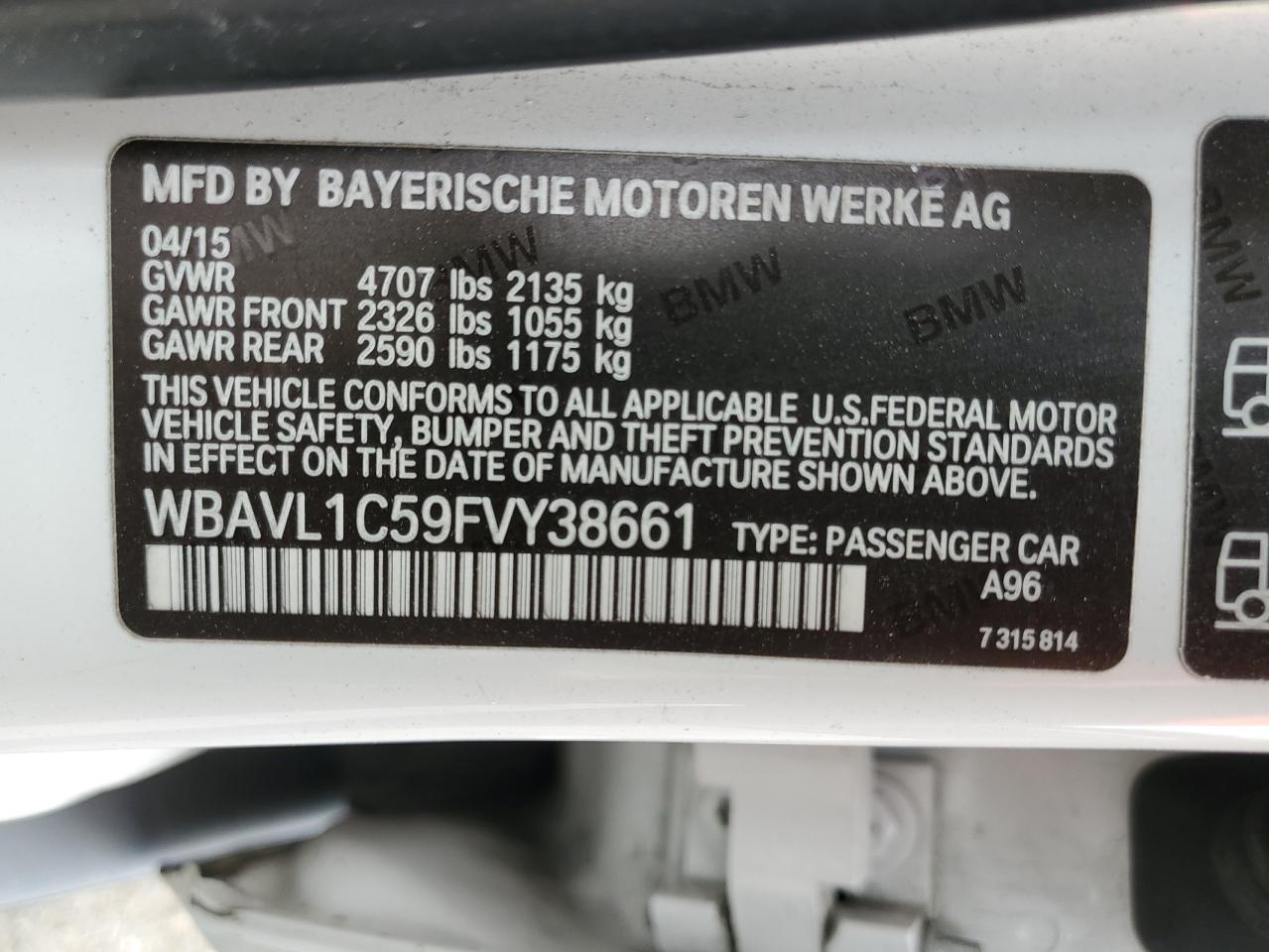 2015 BMW X1 xDrive28I VIN: WBAVL1C59FVY38661 Lot: 70112585