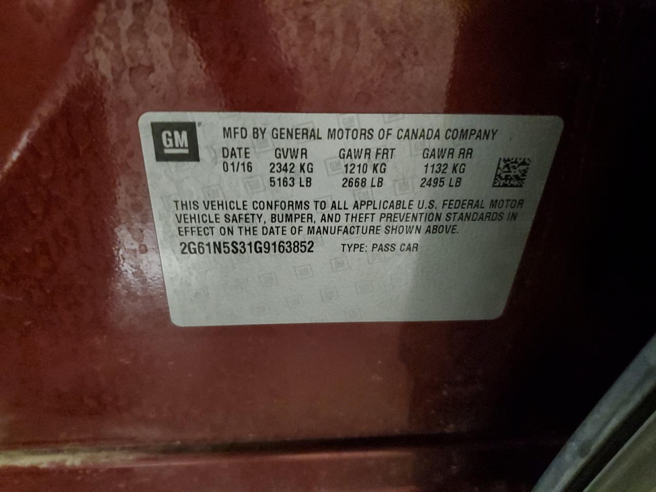 2016 Cadillac Xts Luxury Collection VIN: 2G61N5S31G9163852 Lot: 67981835