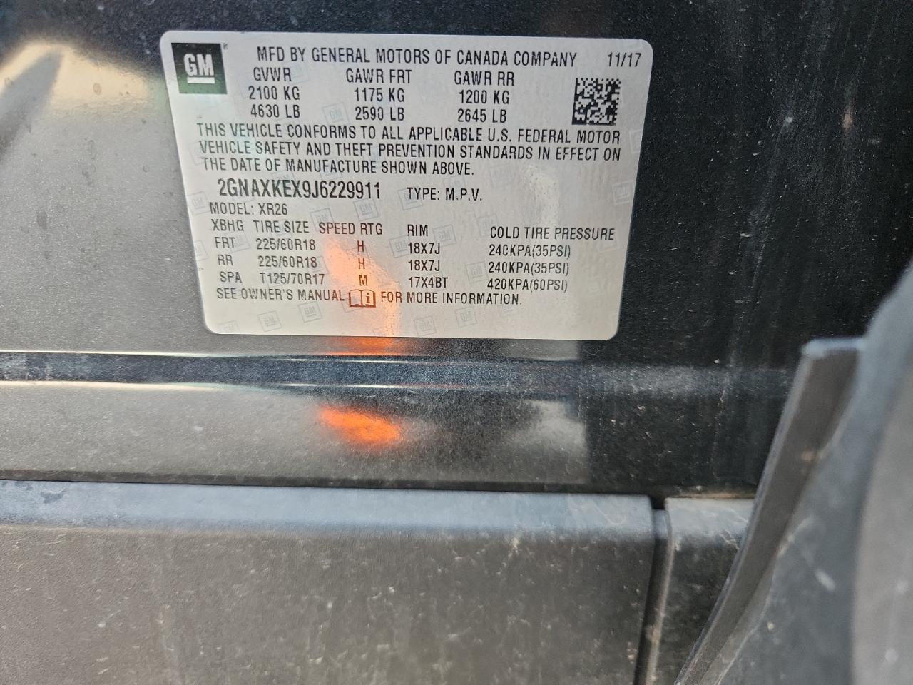 2018 Chevrolet Equinox Lt VIN: 2GNAXKEX9J6229911 Lot: 69728105