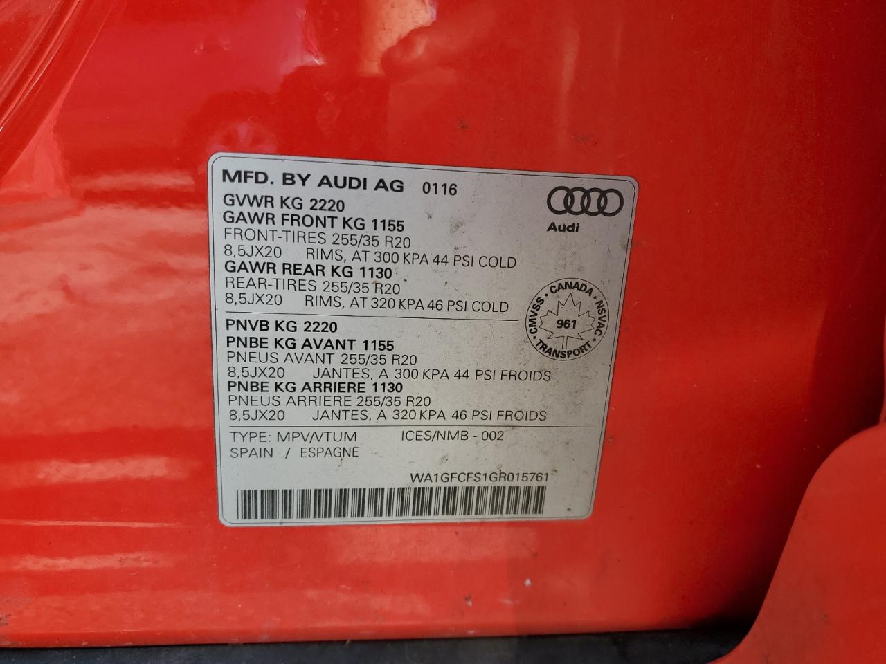 2016 Audi Q3 Prestige VIN: WA1GFCFS1GR015761 Lot: 67972605