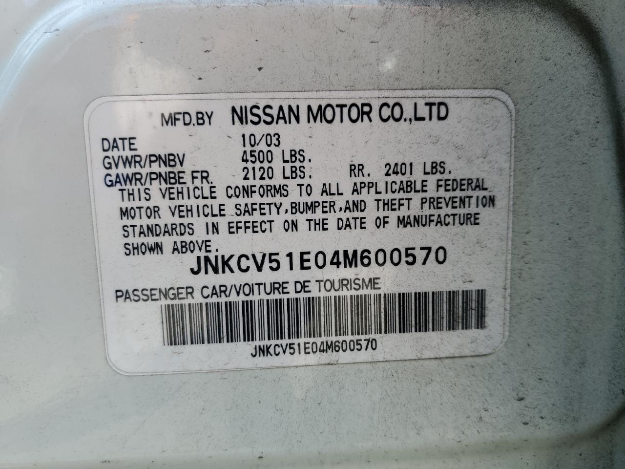 2004 Infiniti G35 VIN: JNKCV51E04M600570 Lot: 67076045