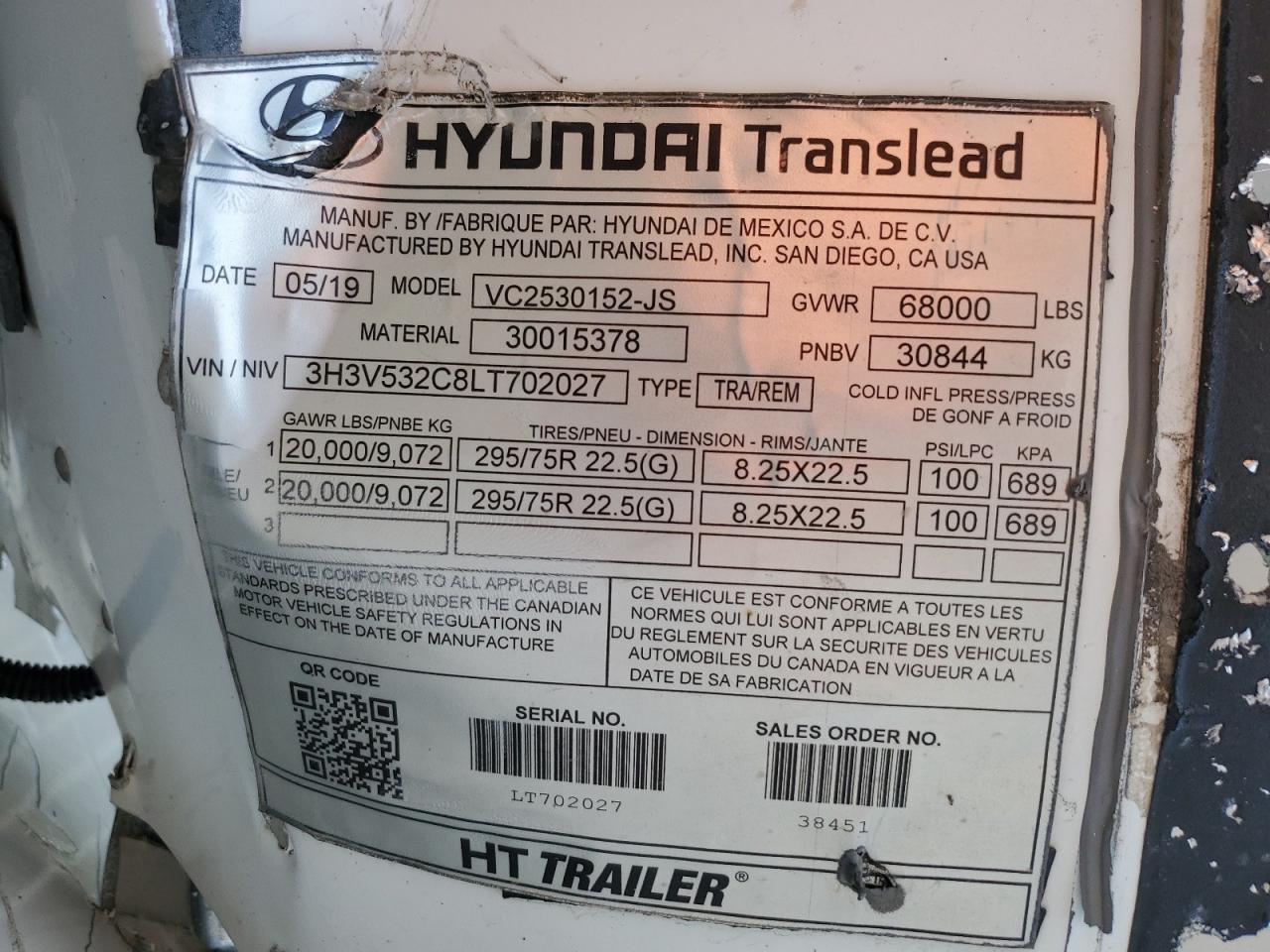 2020 Hyundai Translead Vc2530152-Js Dry Van Trailer VIN: 3H3V532C8LT702027 Lot: 67724435