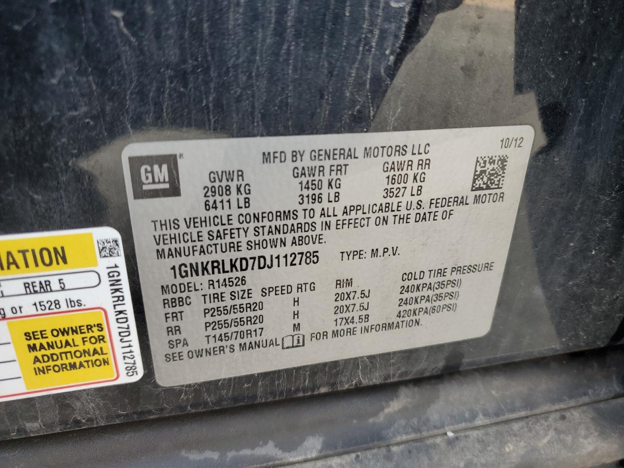 2013 Chevrolet Traverse Ltz VIN: 1GNKRLKD7DJ112785 Lot: 67388165