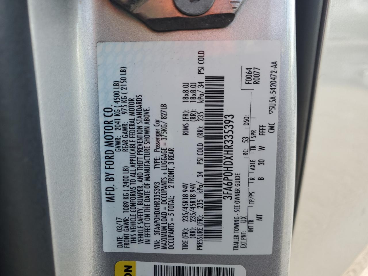 2017 Ford Fusion Se VIN: 3FA6P0HDXHR335393 Lot: 71013975