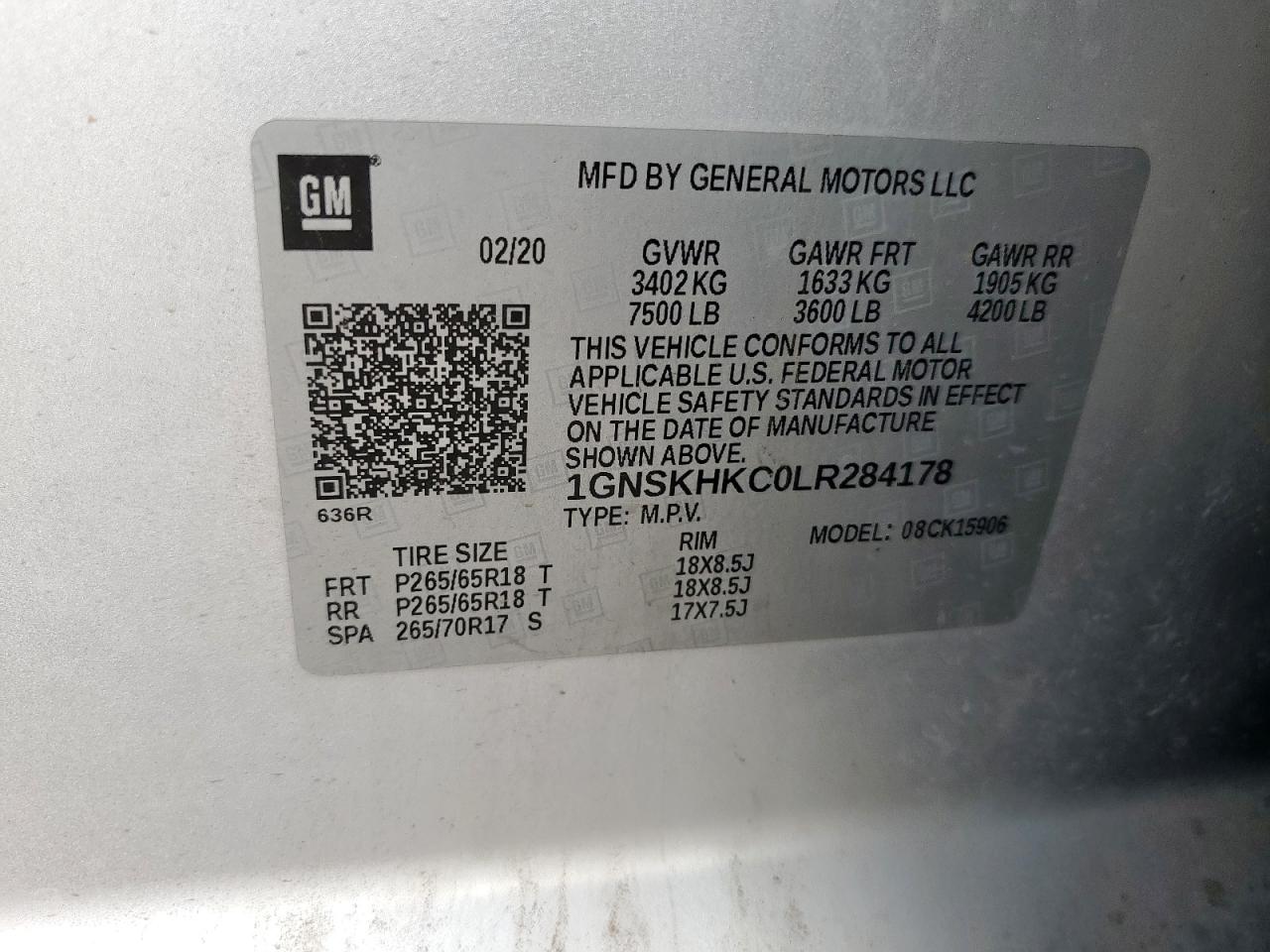 2020 Chevrolet Suburban K1500 Lt VIN: 1GNSKHKC0LR284178 Lot: 67464875