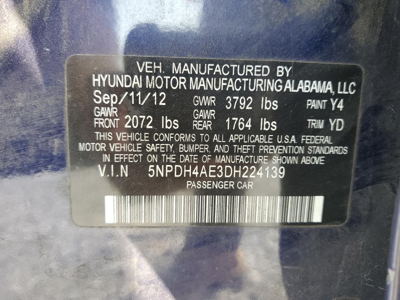 2013 Hyundai Elantra Gls VIN: 5NPDH4AE3DH224139 Lot: 67377725