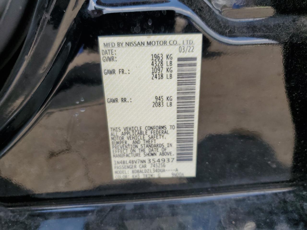 2022 Nissan Altima S VIN: 1N4BL4BV7NN354937 Lot: 69425855