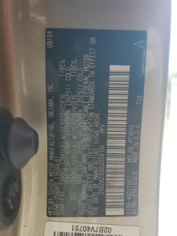 2005 Toyota Sienna Ce VIN: 5TDZA23C05S228106 Lot: 68134295