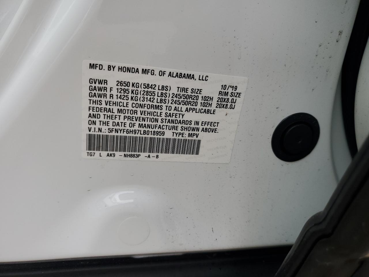2020 Honda Pilot Touring VIN: 5FNYF6H97LB018959 Lot: 69568995