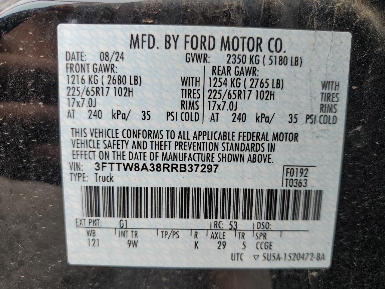 2024 Ford Maverick Xl VIN: 3FTTW8A38RRB37297 Lot: 67226055