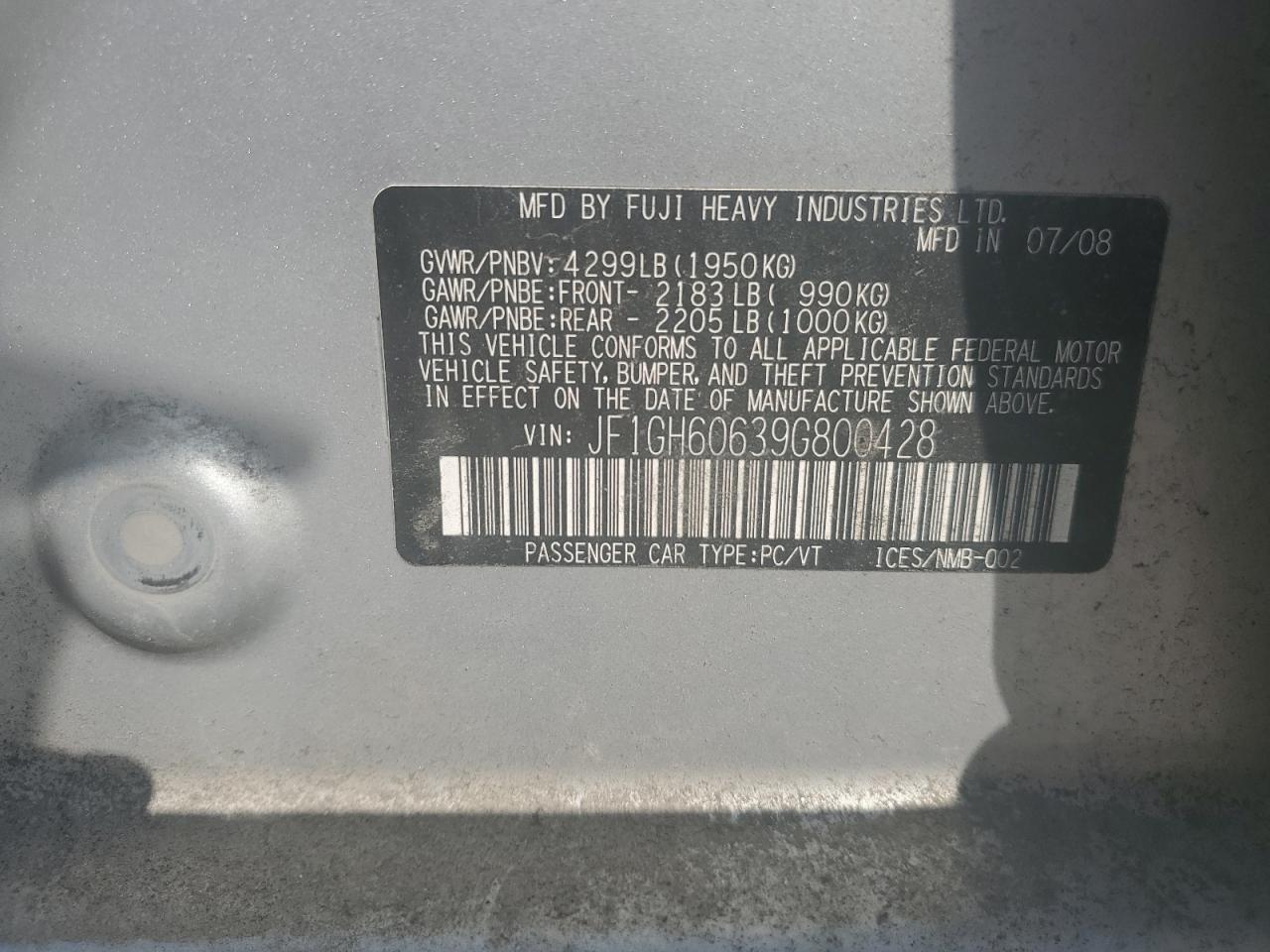 2009 Subaru Impreza 2.5I Premium VIN: JF1GH60639G800428 Lot: 69200645