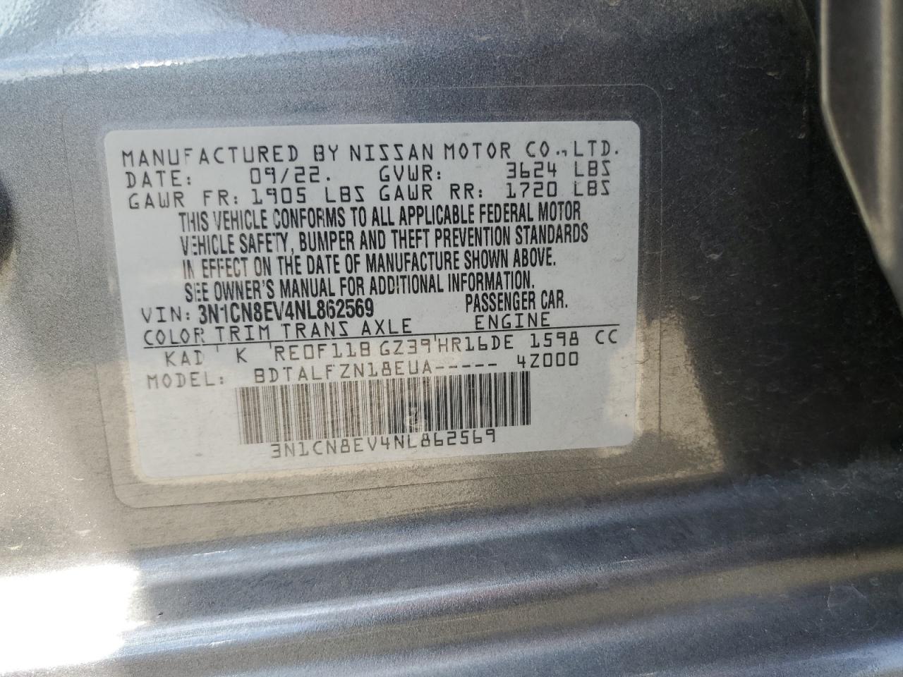 2022 Nissan Versa Sv VIN: 3N1CN8EV4NL862569 Lot: 69228735