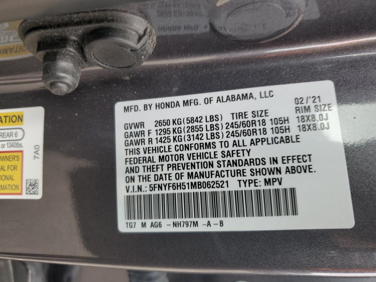 2021 Honda Pilot Exl VIN: 5FNYF6H51MB062521 Lot: 69946005