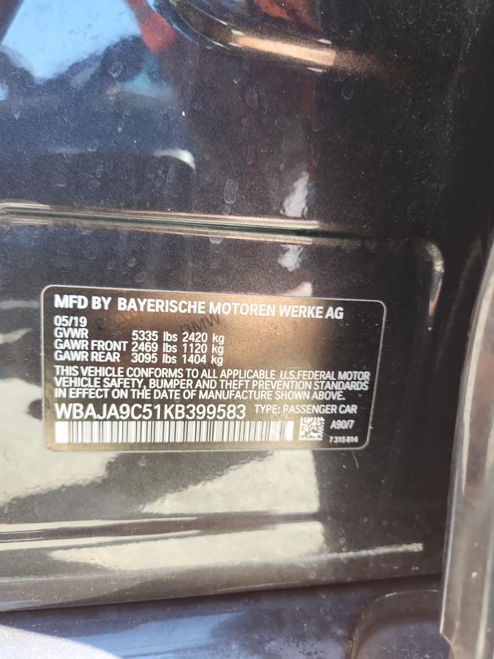 2019 BMW 530E VIN: WBAJA9C51KB399583 Lot: 70041135