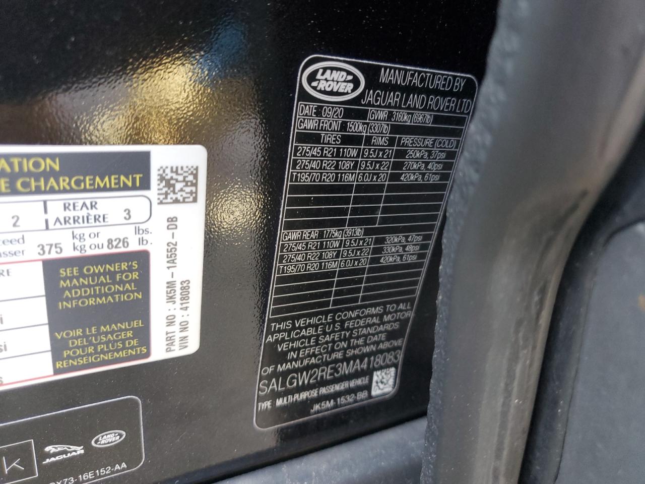 2021 Land Rover Range Rover Sv Autobiography Dynamic VIN: SALGW2RE3MA418083 Lot: 69062585