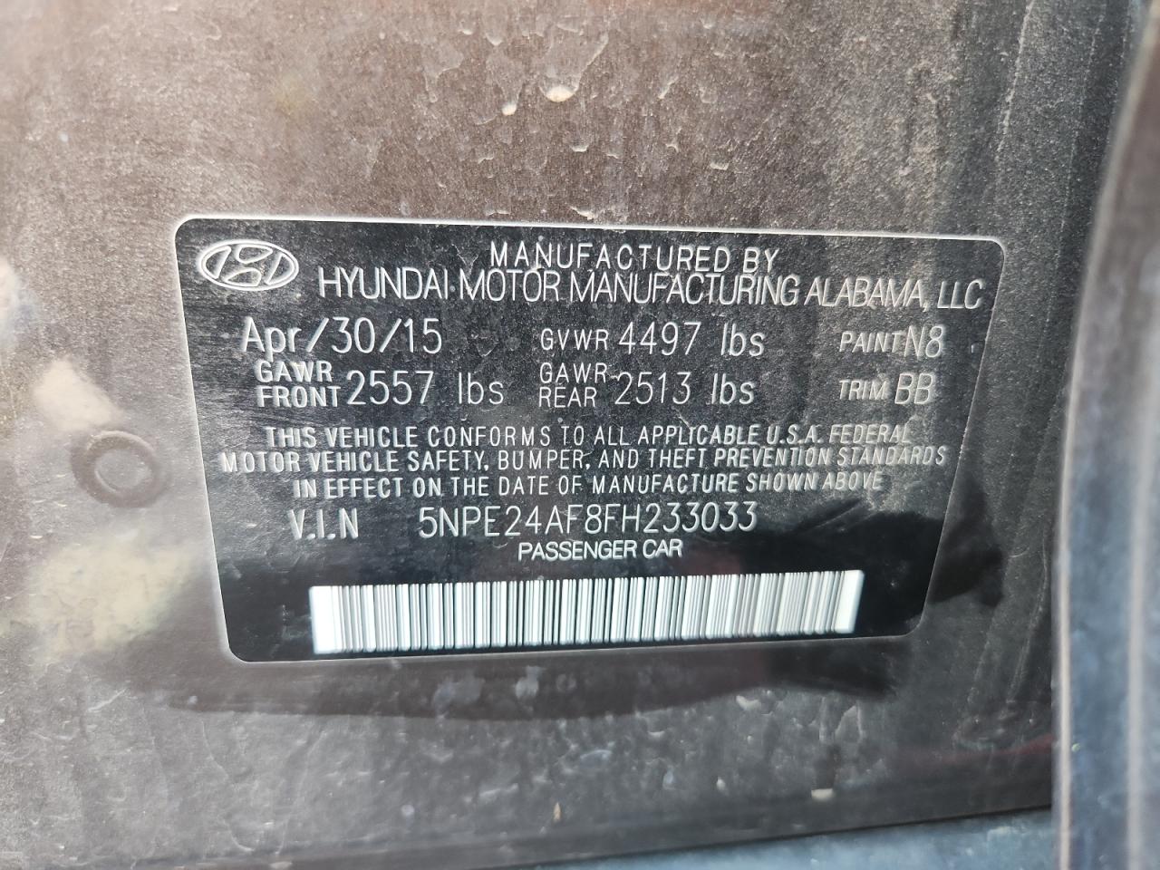 2015 Hyundai Sonata Se VIN: 5NPE24AF8FH233033 Lot: 66671525