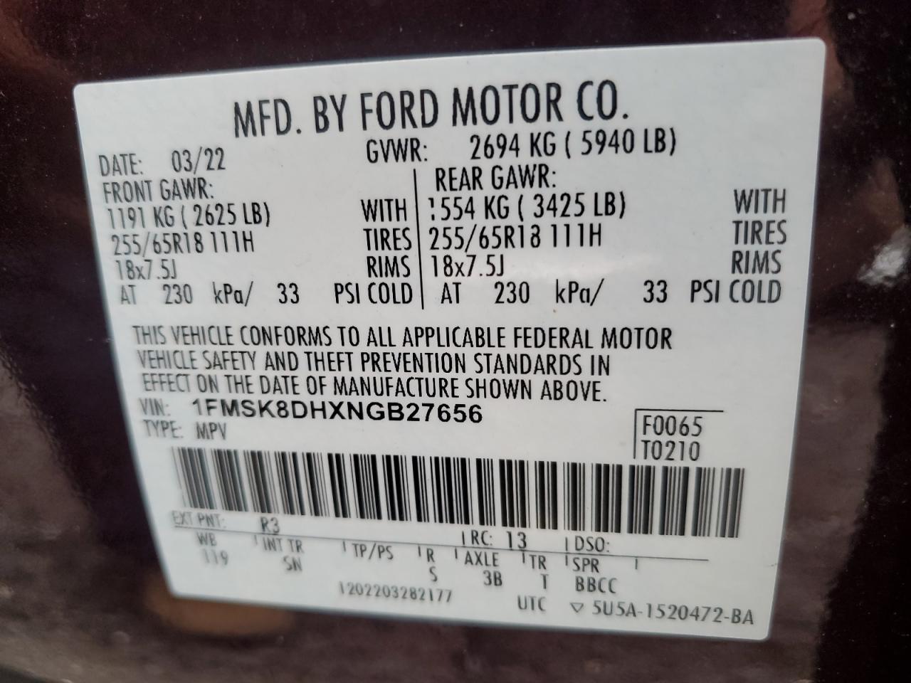 2022 Ford Explorer Xlt VIN: 1FMSK8DHXNGB27656 Lot: 66906875