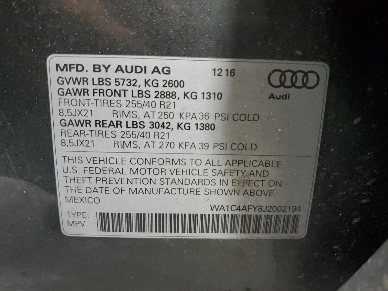 2018 Audi Sq5 Prestige VIN: WA1C4AFY8J2002194 Lot: 69704125