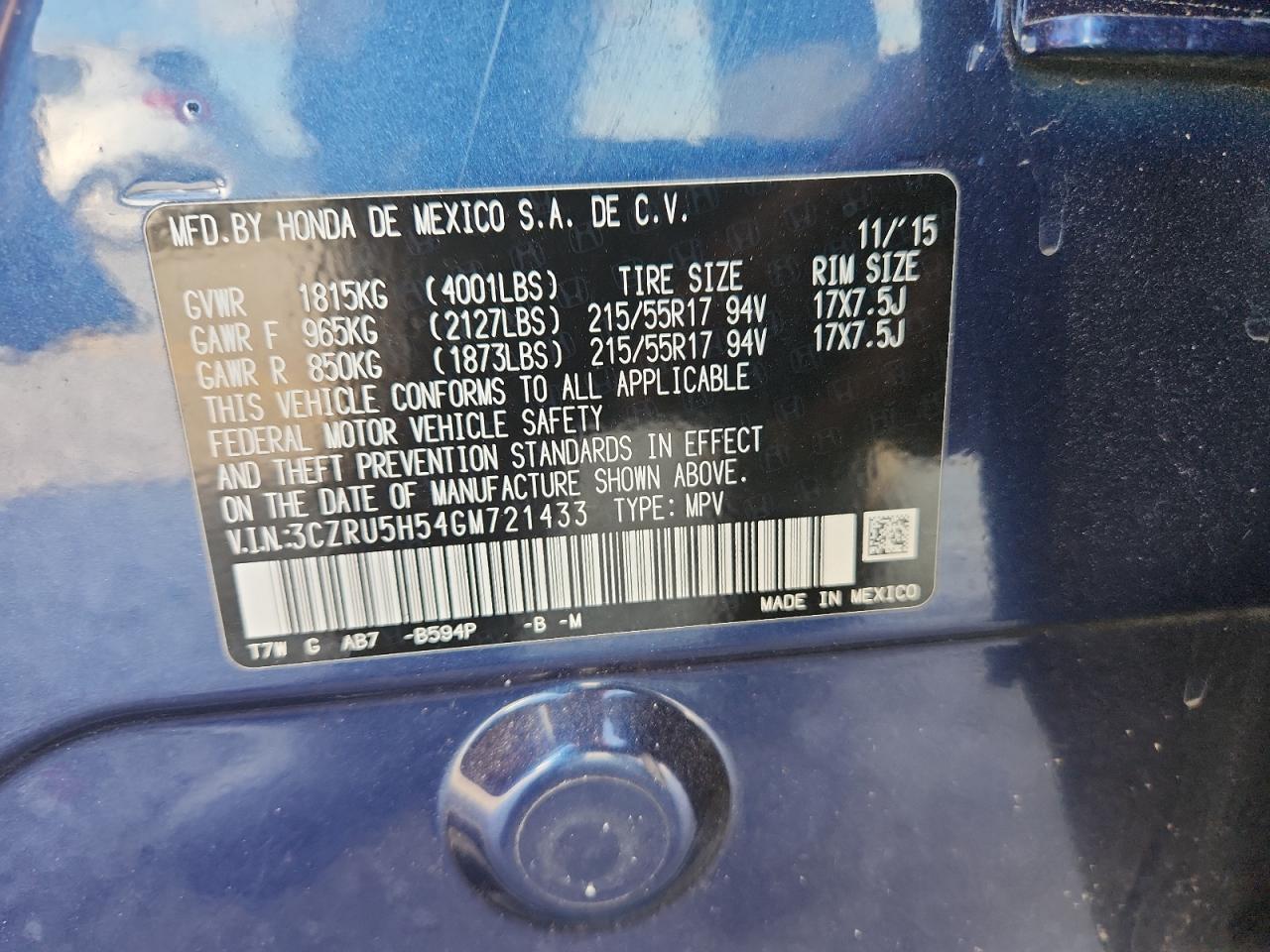 2016 Honda Hr-V Ex VIN: 3CZRU5H54GM721433 Lot: 70575895