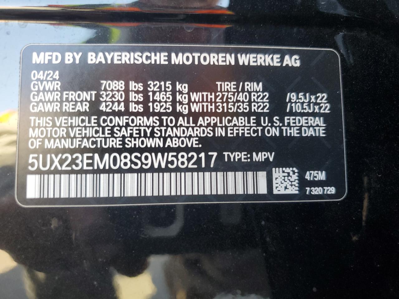2025 BMW X7 xDrive40I VIN: 5UX23EM08S9W58217 Lot: 70717075