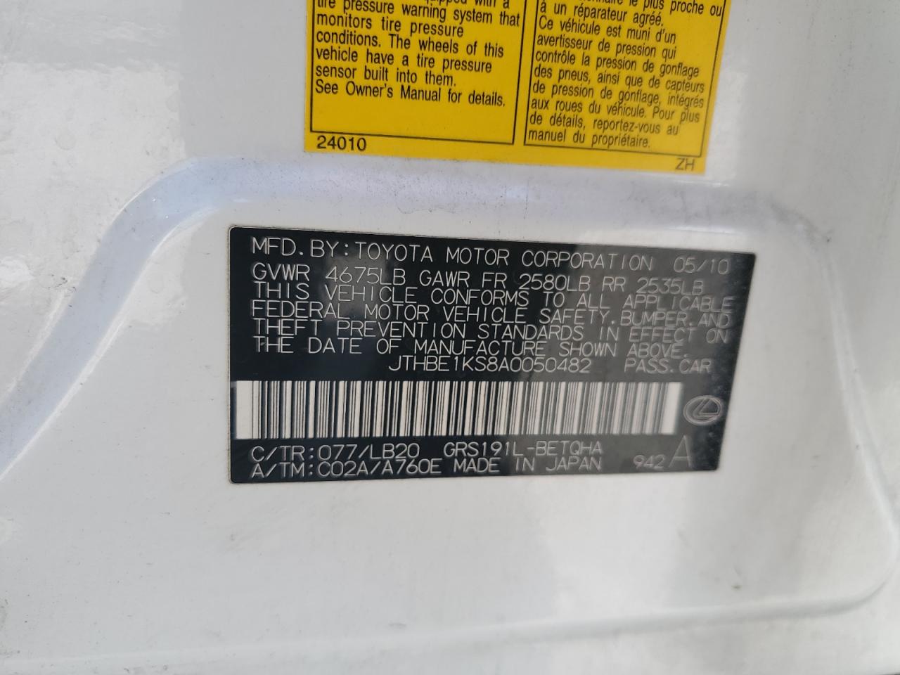 2010 Lexus Gs 350 VIN: JTHBE1KS8A0050482 Lot: 68201845