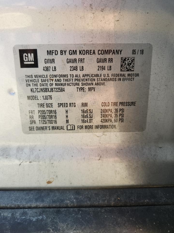 2018 Chevrolet Trax Ls VIN: KL7CJNSBXJB722584 Lot: 67264495