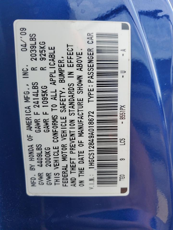 2009 Honda Accord Exl VIN: 1HGCS12849A018672 Lot: 70872455