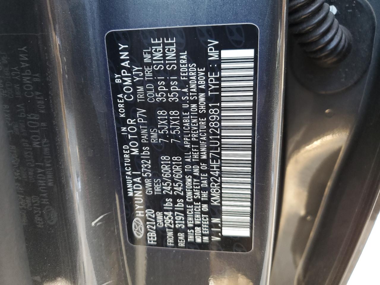 2020 Hyundai Palisade Sel VIN: KM8R24HE7LU128981 Lot: 69964495