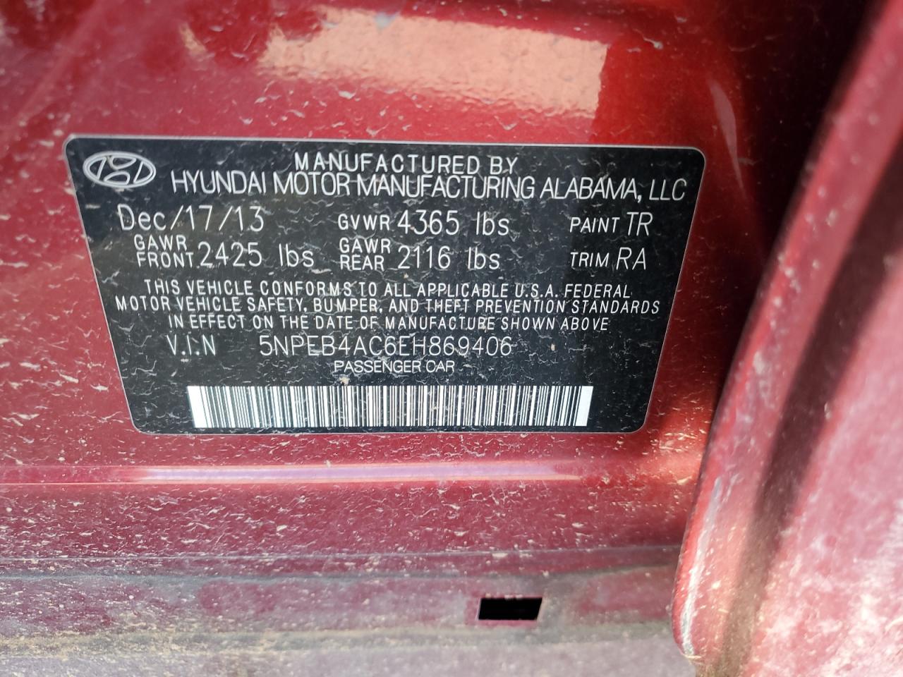 2014 Hyundai Sonata Gls VIN: 5NPEB4AC6EH869406 Lot: 68473825