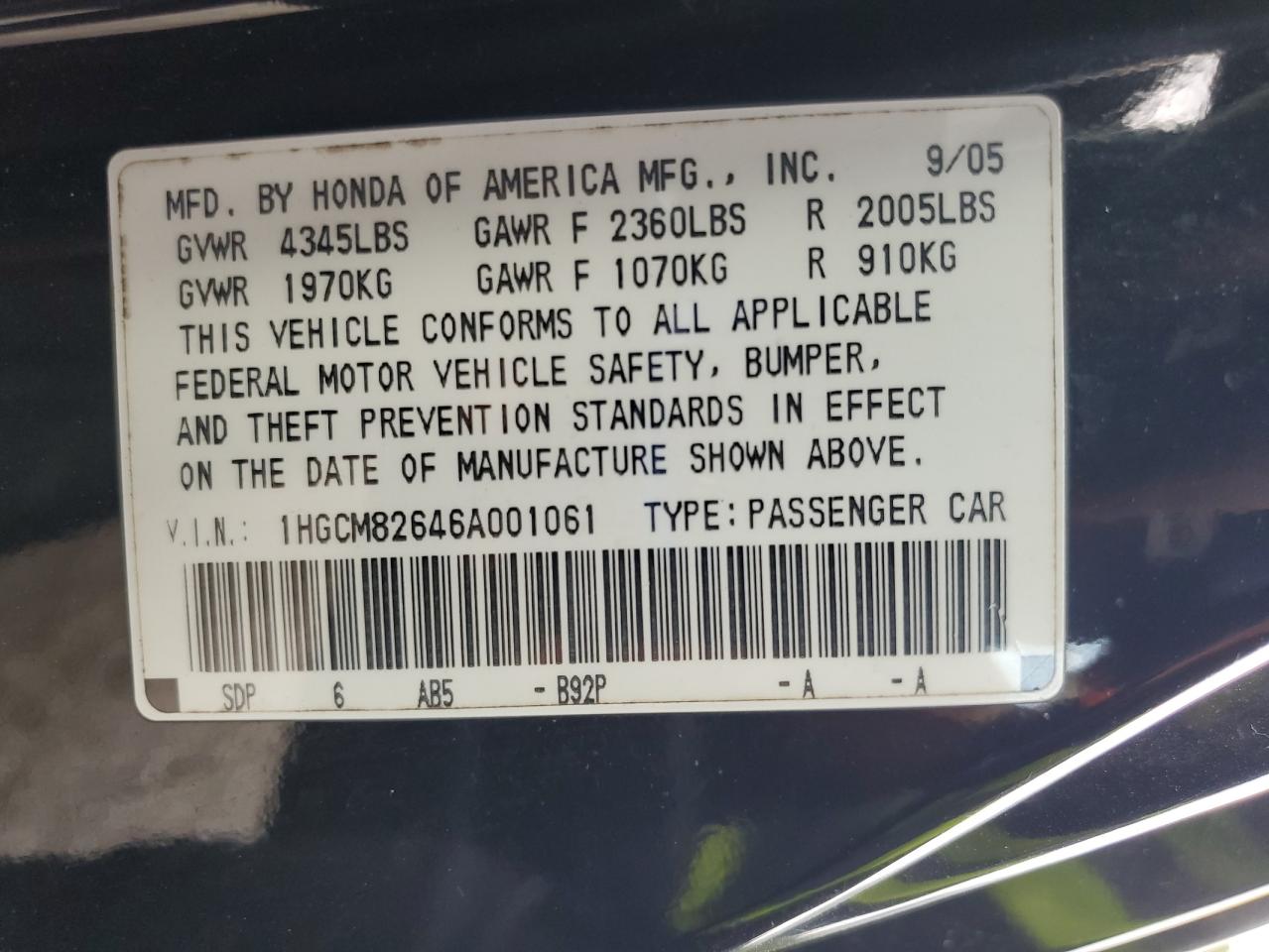 2006 Honda Accord Ex VIN: 1HGCM82646A001061 Lot: 69932275