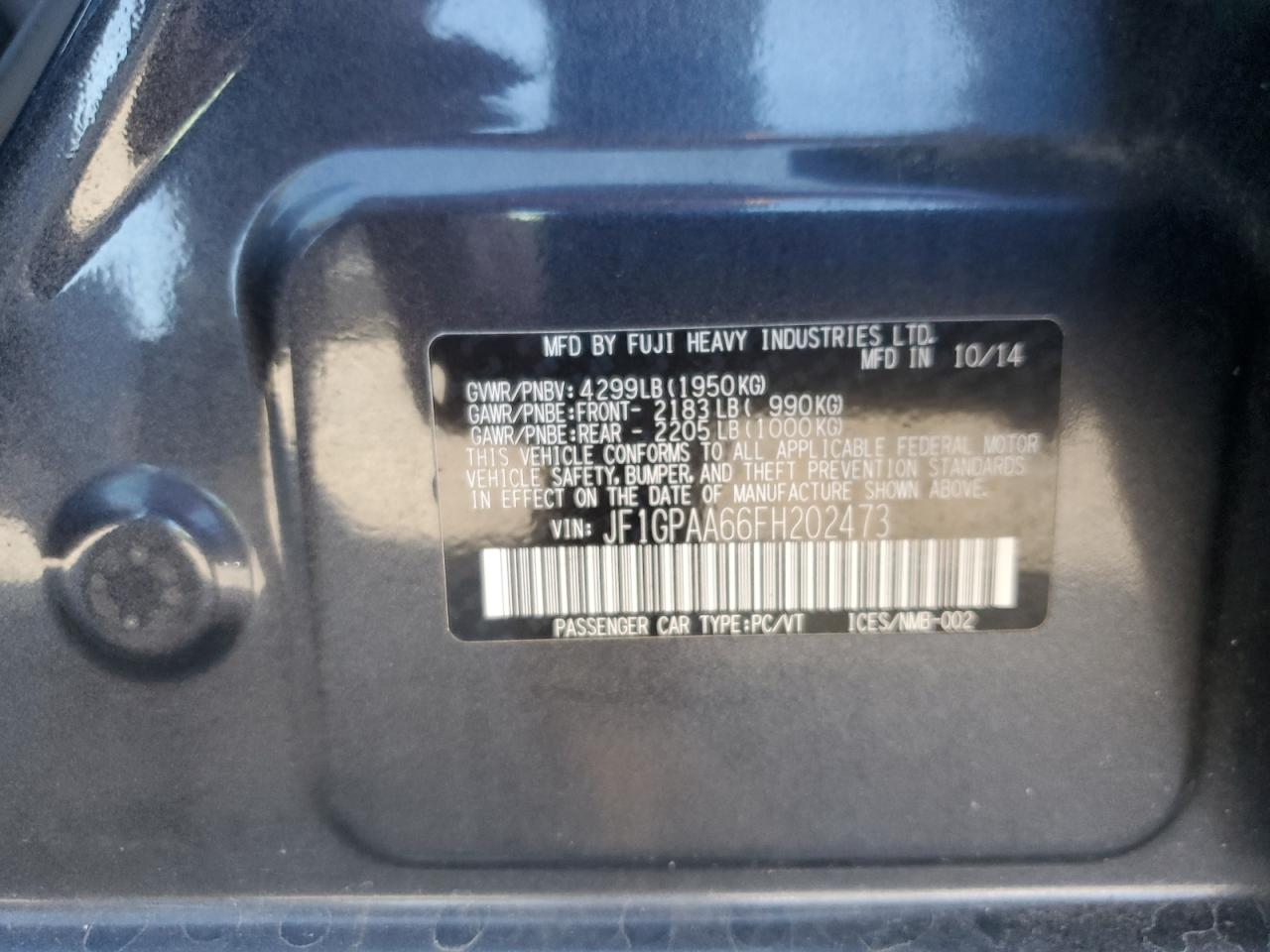 2015 Subaru Impreza VIN: JF1GPAA66FH202473 Lot: 70577405