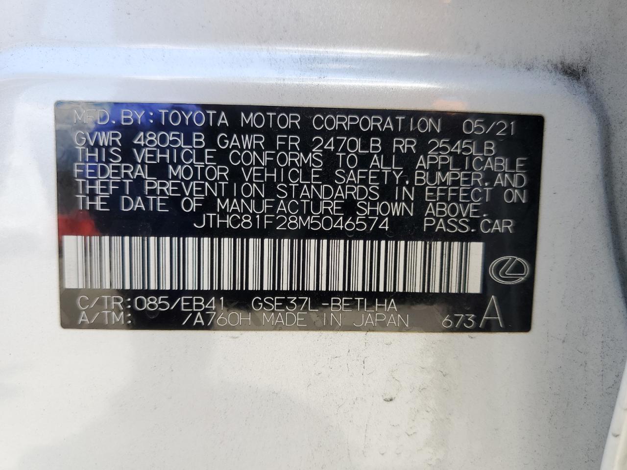 2021 Lexus Is 300 VIN: JTHC81F28M5046574 Lot: 70673535