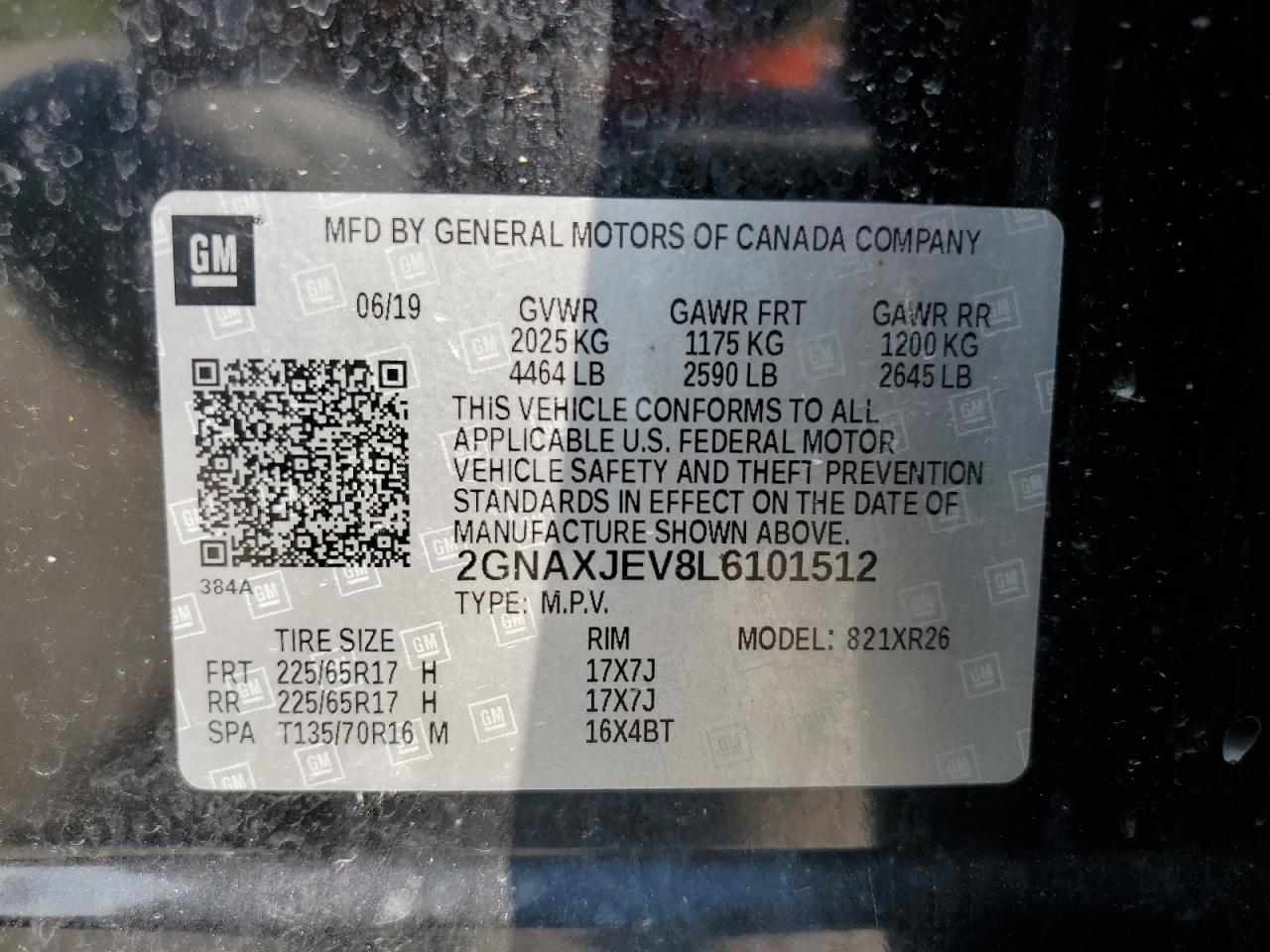 2020 Chevrolet Equinox Lt VIN: 2GNAXJEV8L6101512 Lot: 68540195