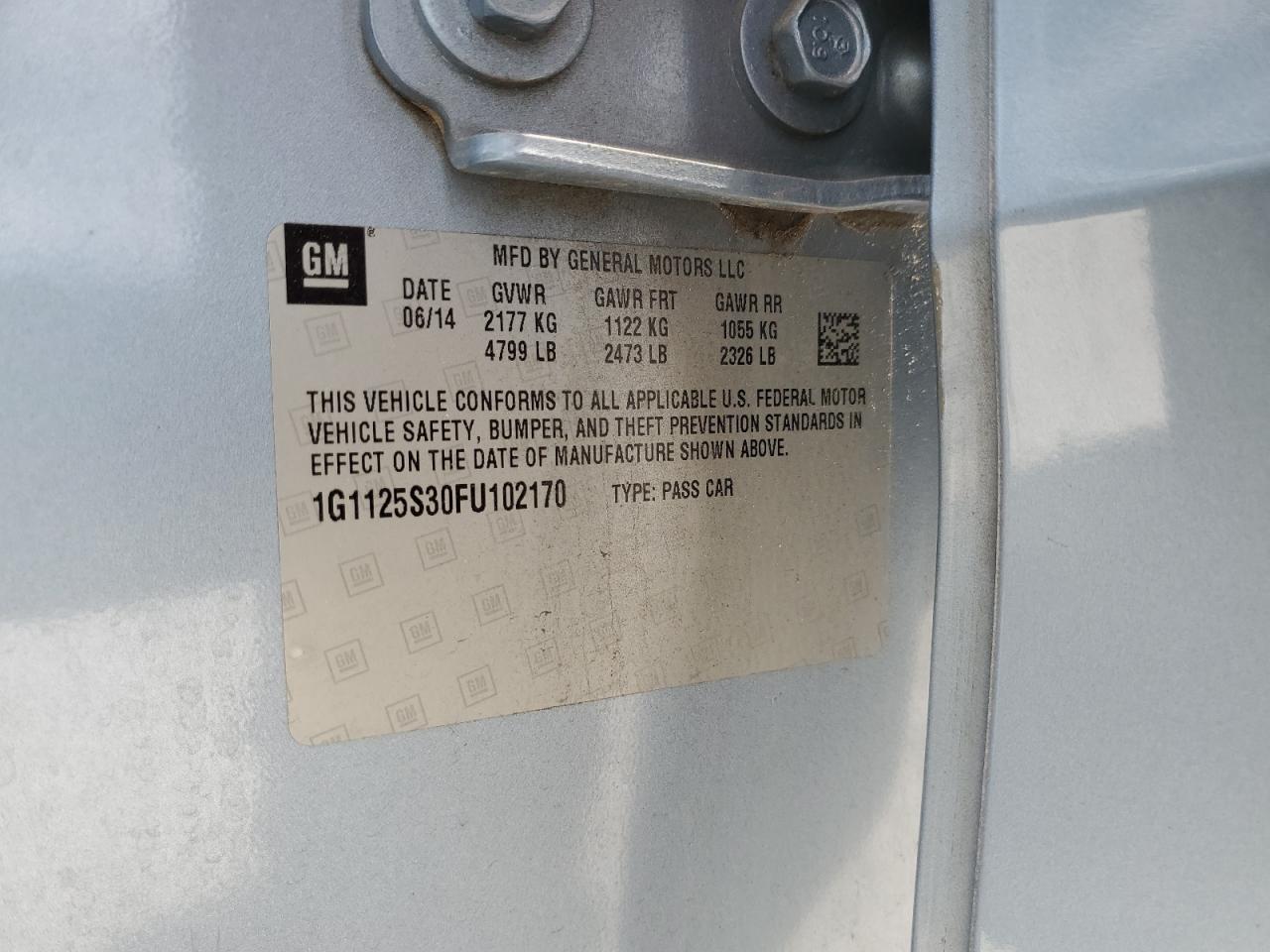 2015 Chevrolet Impala Lt VIN: 1G1125S30FU102170 Lot: 69462575